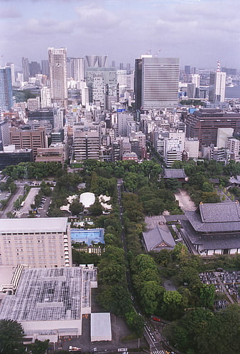 Aerial View of Tokyo Skyline with Traditional Temple and Park