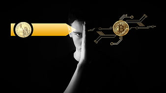 Conceptual image of man with hand on face, dollar and bitcoin graphics