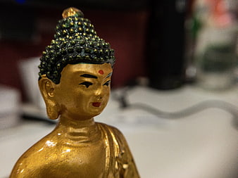 Close-up of Golden Buddha Statue with Green Hair