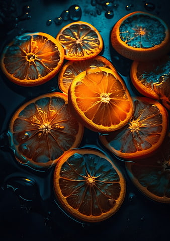 Sliced Oranges in Blue Water with Water Drops