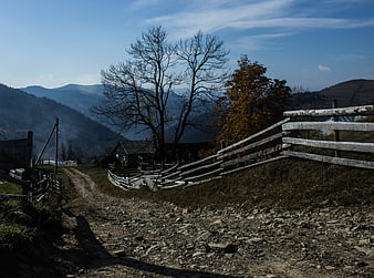 Rural Mountain Landscape with Wooden Fence and Autumn Trees