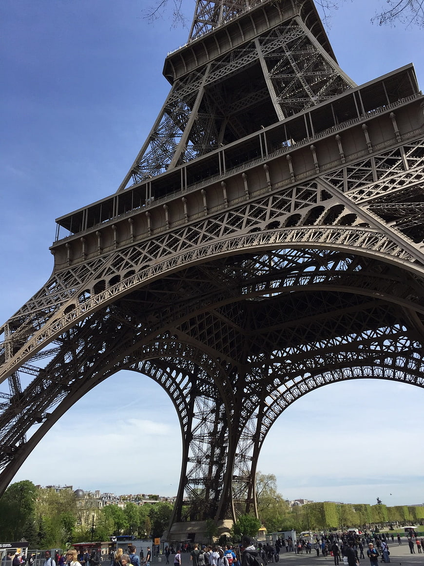 Low angle view of Eiffel Tower iron lattice structure
