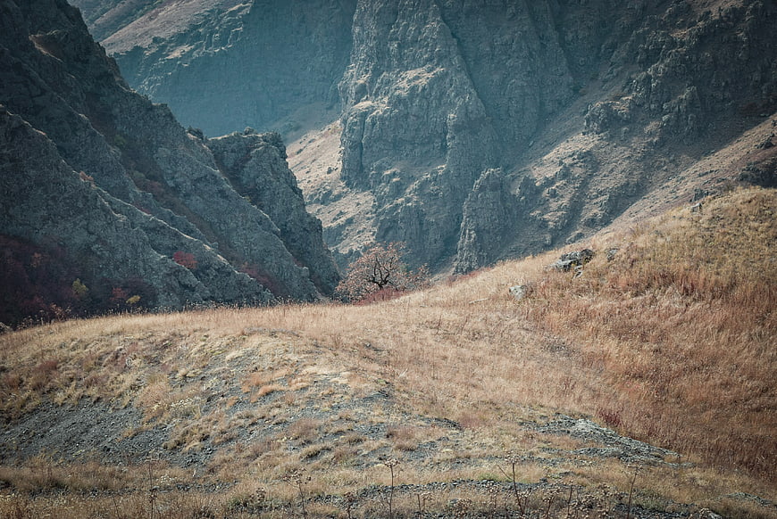 Rugged mountain canyon with dry grass and rocky cliffs