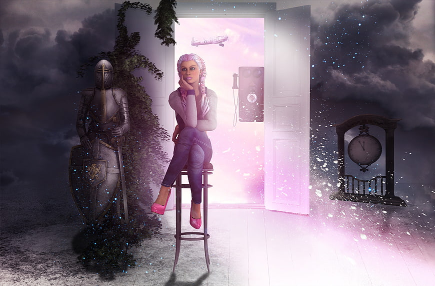 Surreal 3D woman sitting by glowing portal with knight armor