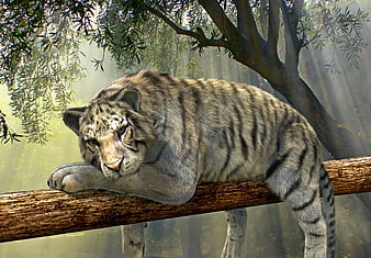 3D Render of Resting White Tiger on Log in Jungle
