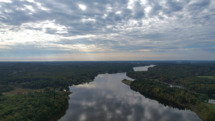 Aerial View of Winding River Through Forest at Dusk