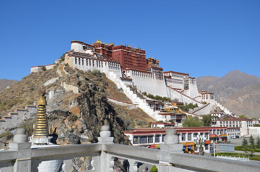 Potala Palace in Lhasa, Tibet, set against a clear blue sky