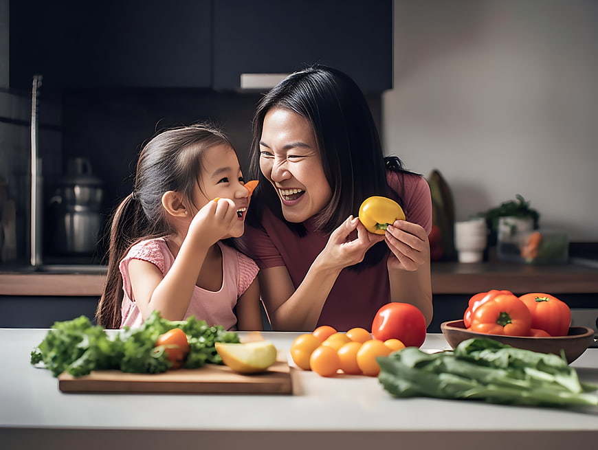 Mother and daughter laughing with fresh vegetables in kitchen