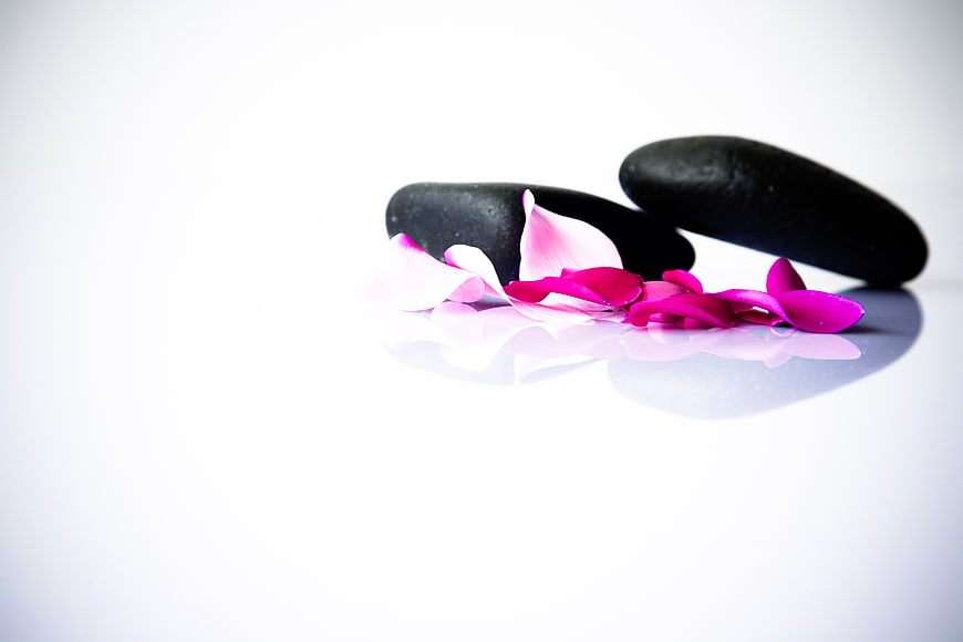 Spa Stones and Pink Petals on White Background