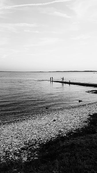 Black and white photo of people fishing on a pier