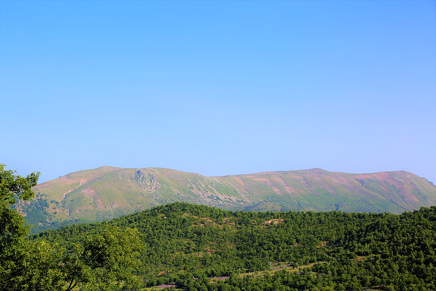 Green forested hills and mountains under clear blue sky