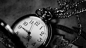 Vintage Pocket Watch on Chain in Black and White