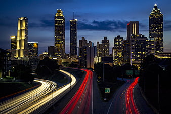 Atlanta skyline at night with long exposure traffic light trails