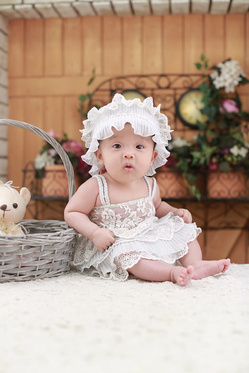 Adorable Baby Girl in White Lace Dress and Bonnet Sitting on Rug