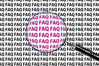 Magnifying glass over repeating FAQ text pattern
