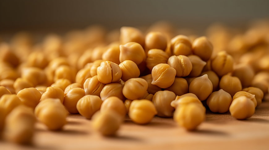 Close-up of raw chickpeas on wooden surface