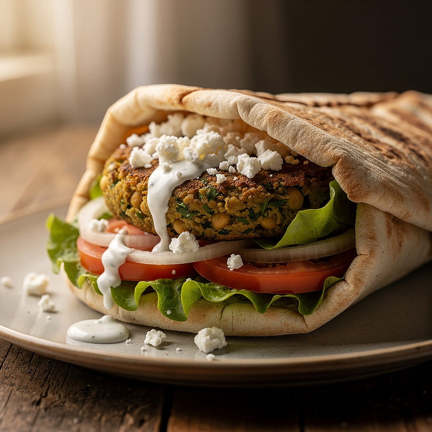 Close-up of Fresh Falafel Wrap with Vegetables and Sauce