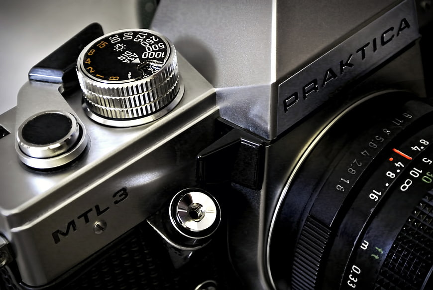 Close-up of vintage Praktica MTL 3 film camera