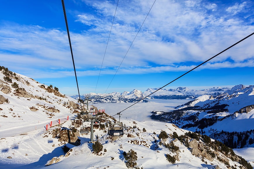 Cable Car View Over Snowy Swiss Alps and Cloud Sea