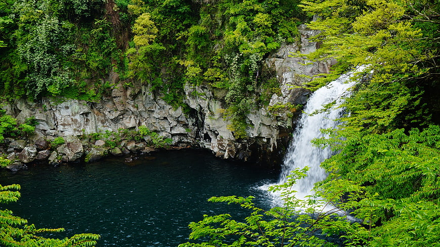 Cheonjeyeon Waterfall in Jeju Island, South Korea