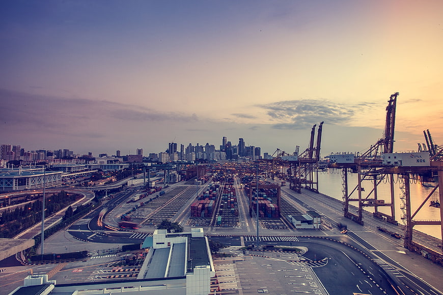 Aerial View of Keppel Port at Dusk with City Skyline