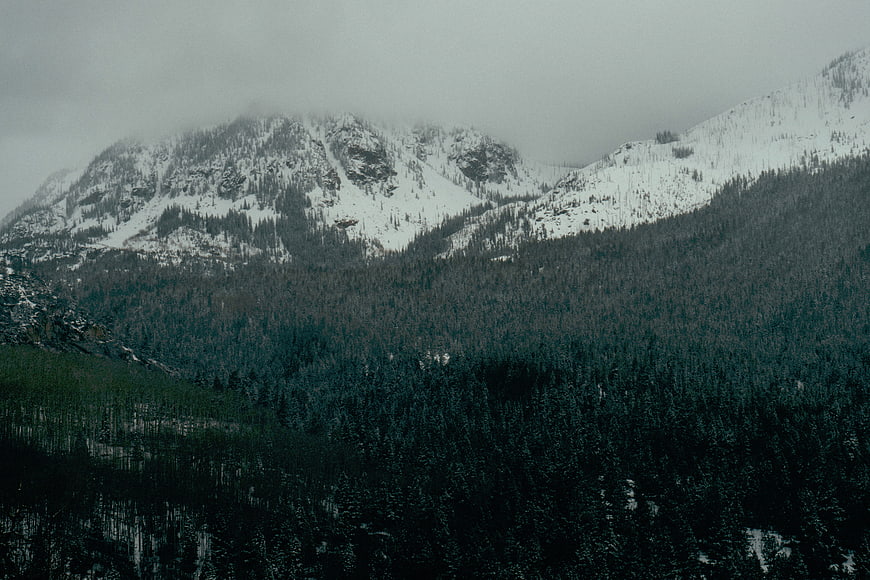 Snowy mountain peaks shrouded in mist above dark evergreen forest
