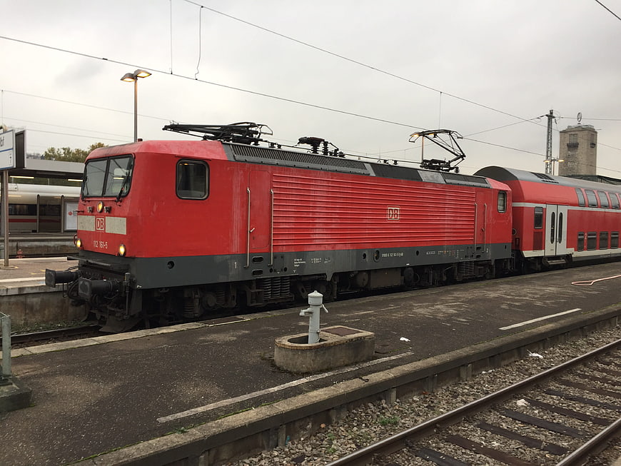 Red DB Class 112 Electric Locomotive at Train Station