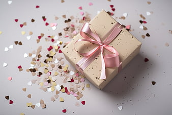 Beige gift box with pink ribbon and heart confetti