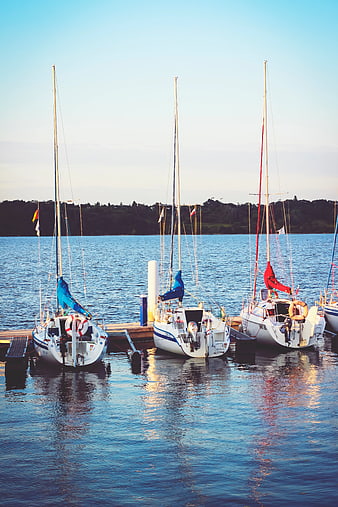 Sailboats docked at a marina on a calm blue lake