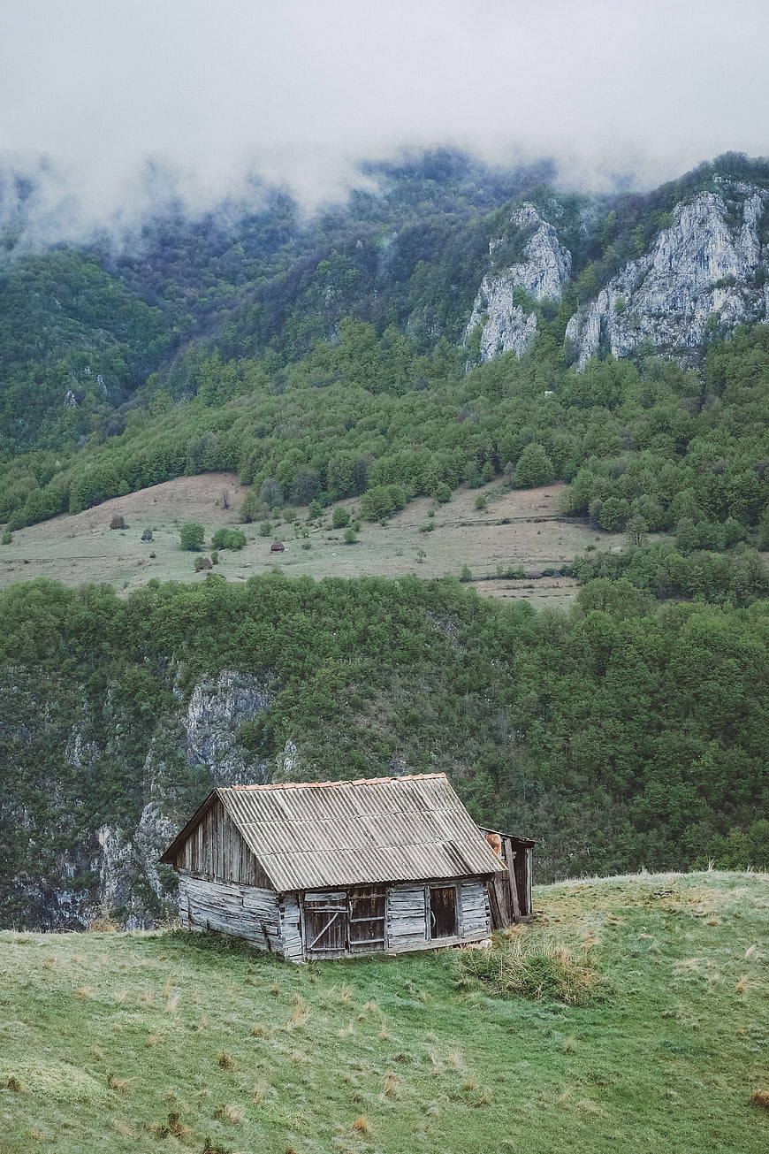 Rustic wooden cabin in misty mountain valley landscape