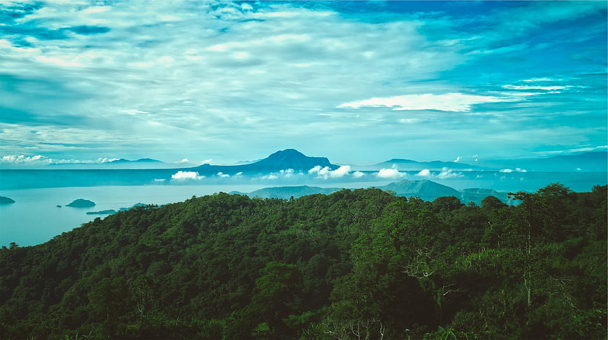 Lush Green Forest Overlooking Lake and Distant Mountain