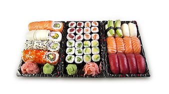 Assorted Sushi Platter with Nigiri and Maki Rolls on White Background