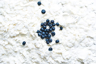 Fresh blueberries on white coconut flakes top view