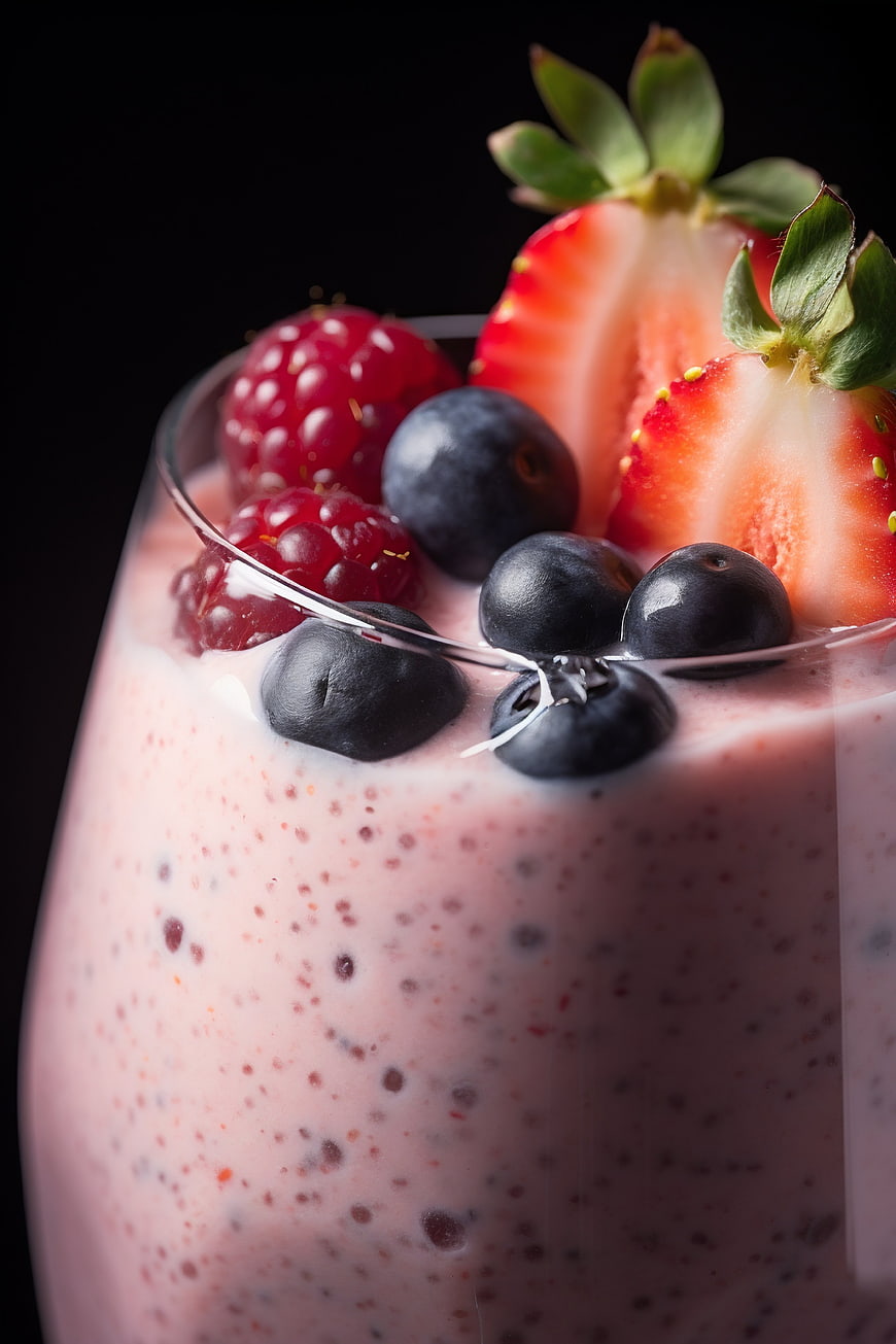 Close-up of berry smoothie with fresh fruit garnish