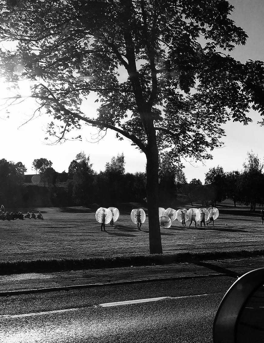Black and white photo of people in zorb balls in a park