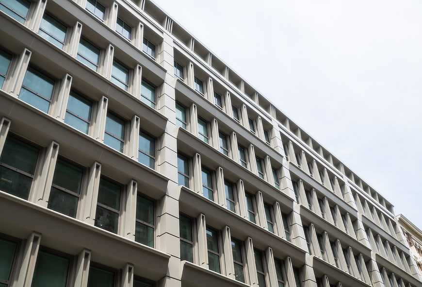 Modern Office Building Facade with Geometric Window Pattern