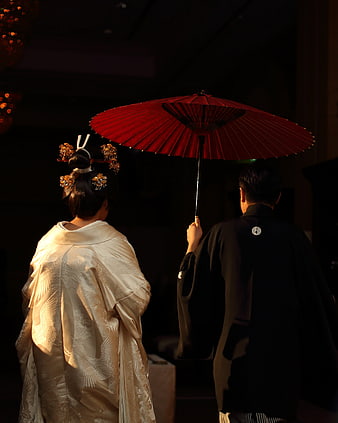 Japanese Wedding Couple with Red Umbrella