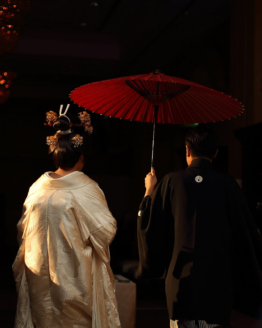 Japanese Wedding Couple with Red Umbrella