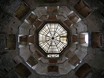 Low angle view of octagonal tower interior with skylight