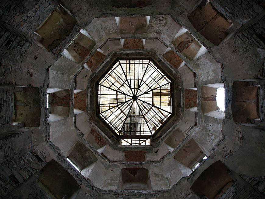 Low angle view of octagonal tower interior with skylight