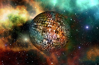 Digital globe of human faces in colorful space nebula