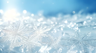 Macro Close-Up of Intricate Snowflakes on Blue Background