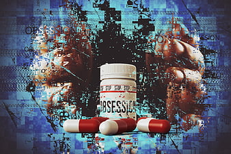 Glitch Art Concept of Drug Addiction and Obsession with Pills