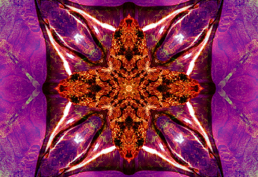 Abstract kaleidoscope pattern with purple and orange symmetry