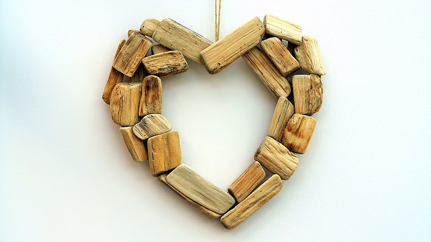 Rustic Driftwood Heart Ornament on White Background