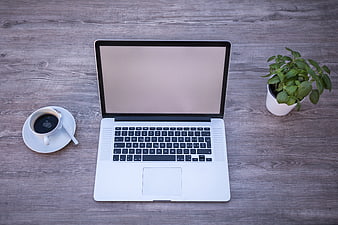 Top View Laptop Workspace with Coffee and Plant on Wooden Desk