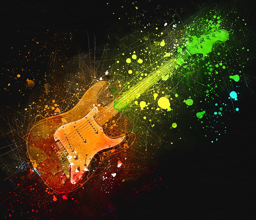 Abstract Electric Guitar with Colorful Paint Splatters