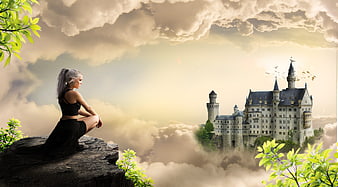 Woman Sitting on Cliff Gazing at Castle in Clouds Fantasy Landscape