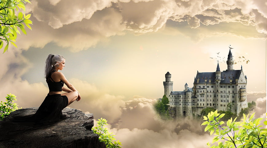 Woman Sitting on Cliff Gazing at Castle in Clouds Fantasy Landscape