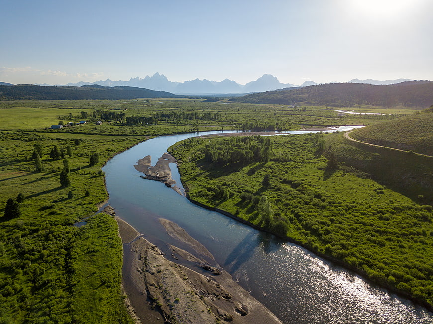 Aerial View of Snake River and Grand Teton Mountains